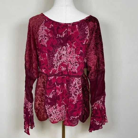 Vintage Faded Glory Peasant Top Women XL Red Floral Velvet Burnout Bell Sleeve - Picture 7 of 10